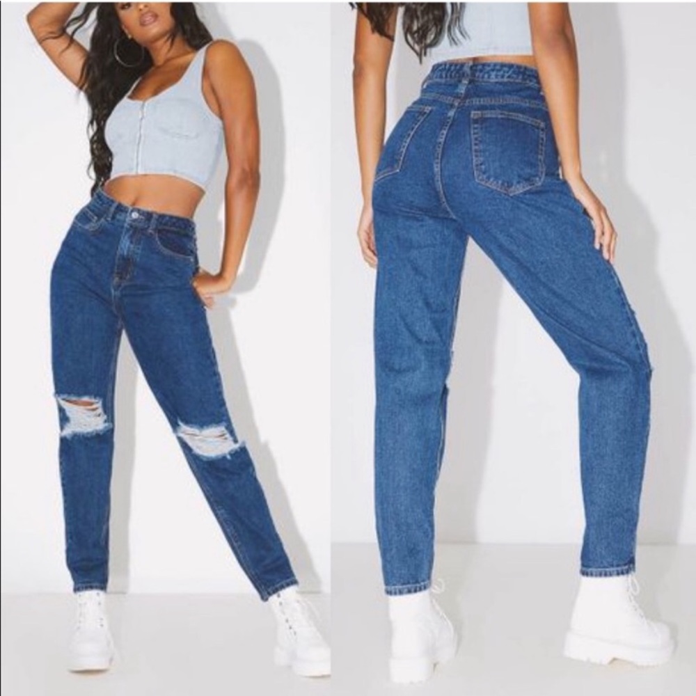 PrettyLittleThing Distressed Mom Jean in Dark Blue Size 4